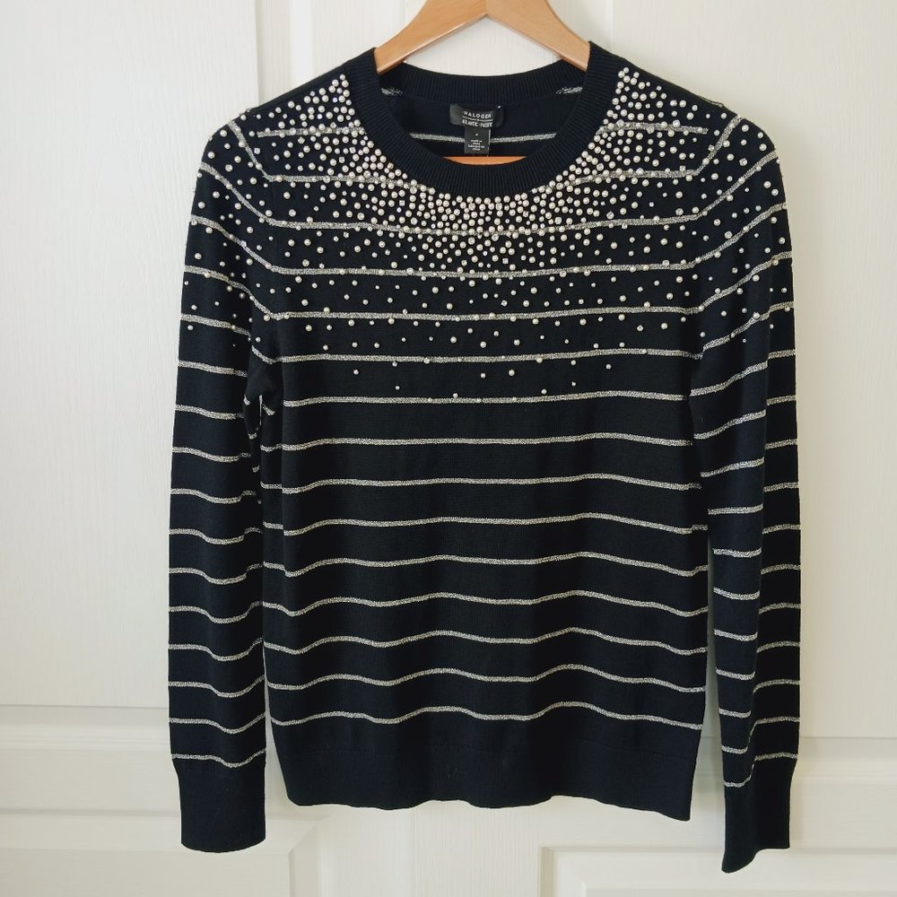 Halogen x Atlantic-Pacific Women's Black-Silver Pearled Stripe Sweater Size S